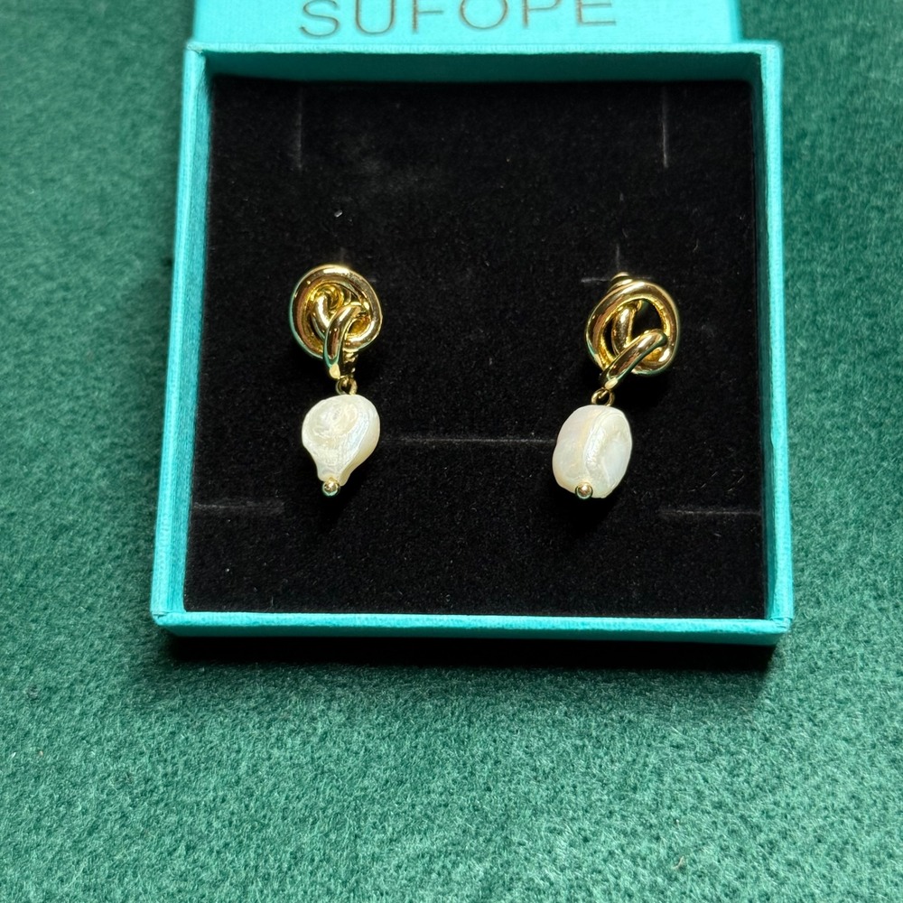 Pearl Drop Earrings Gold Knot Dangle Baroque Freshwater Pearl Jewelry NEW
